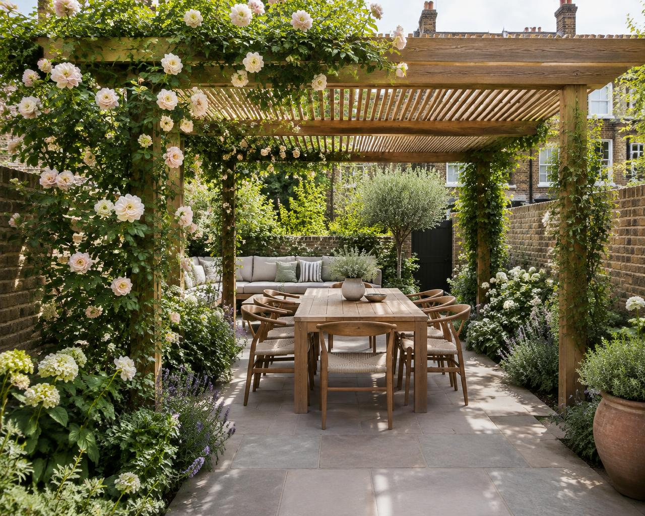 Paved dining terrace under a timber pergola with climbing roses