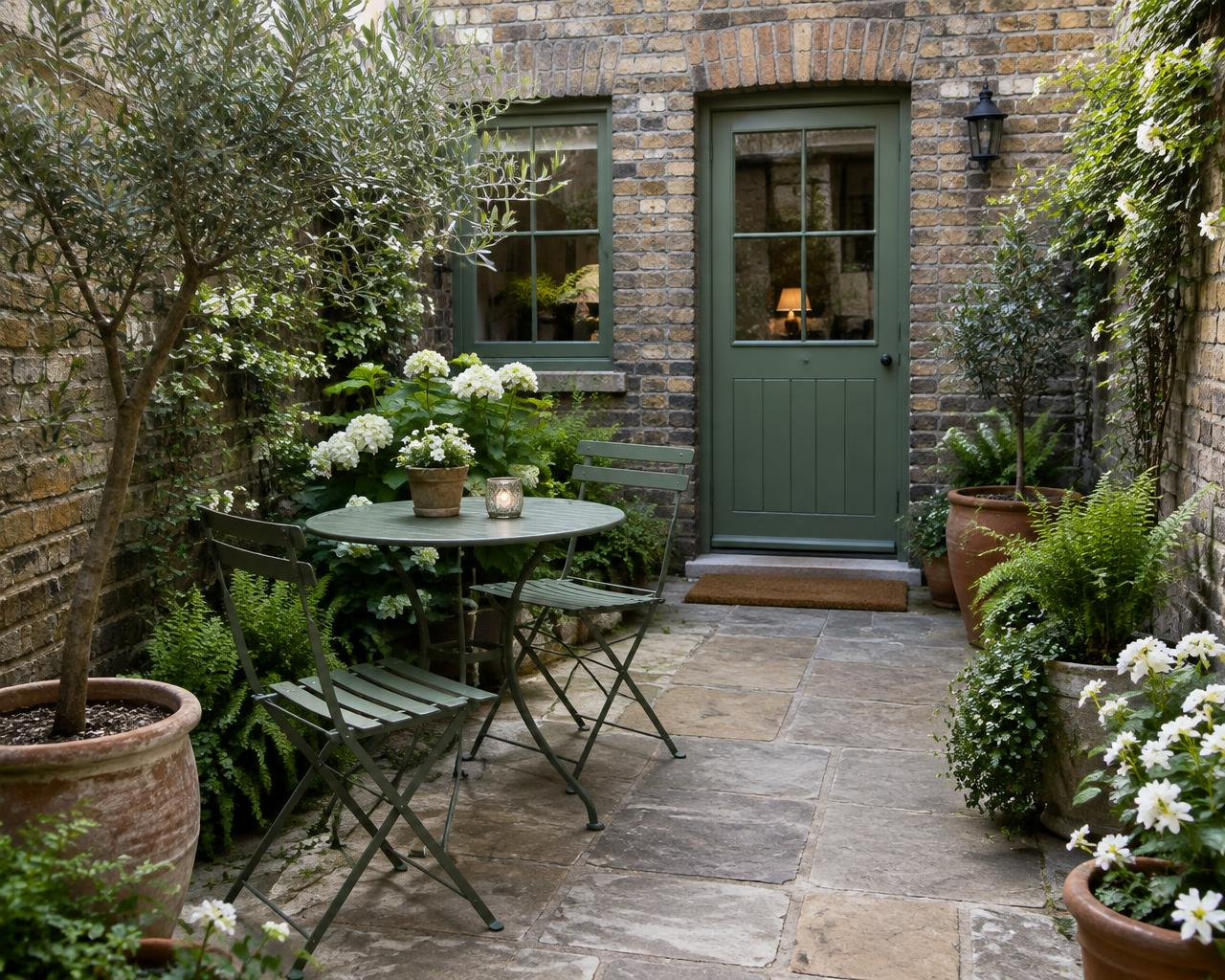 Flagstone courtyard with bistro table, olive tree and white flowers