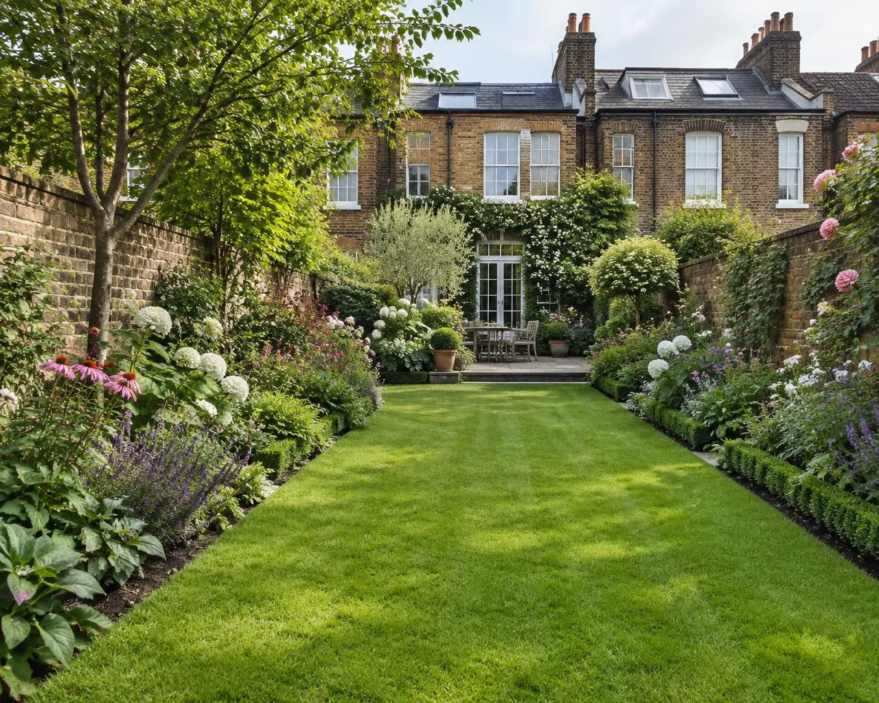 Long striped lawn edged with flowering borders