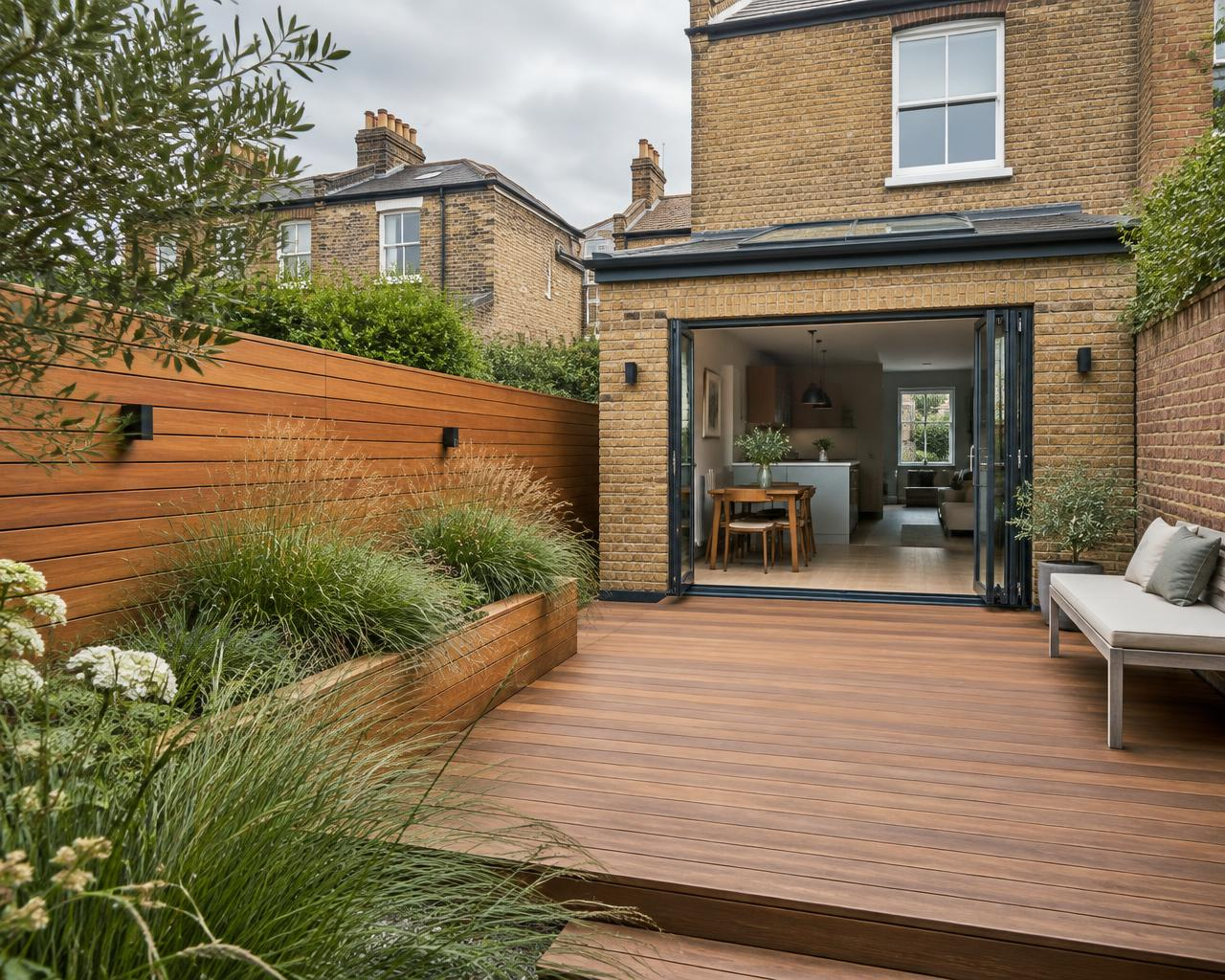 Timber deck with raised planters and ornamental grasses