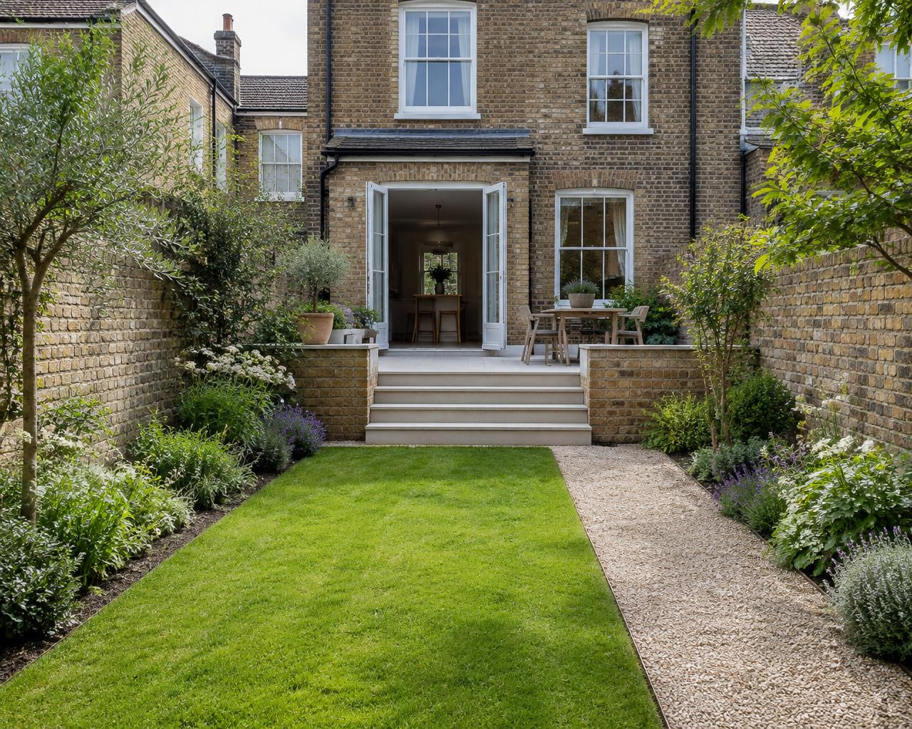 Striped lawn with gravel path and lavender borders