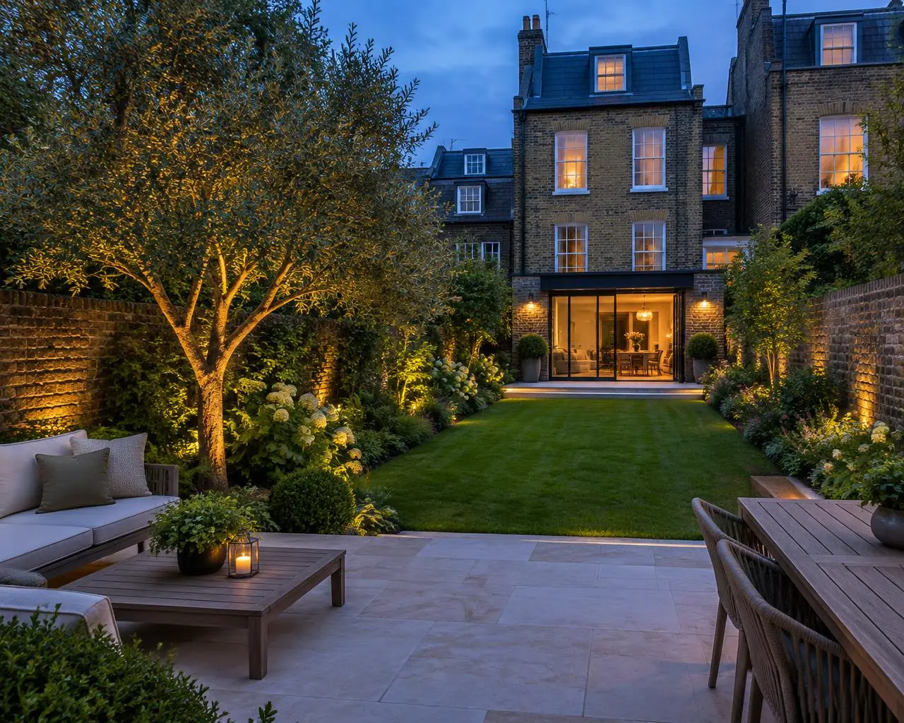 Patio seating and lit tree in a garden at dusk